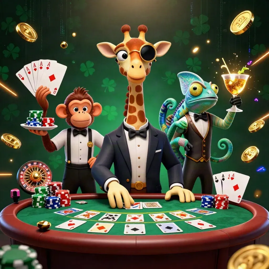 3D-Casino-Kunst mit Giraffe, Affe und Chamäleon am Pokertisch in Gold und Dunkelgrün.