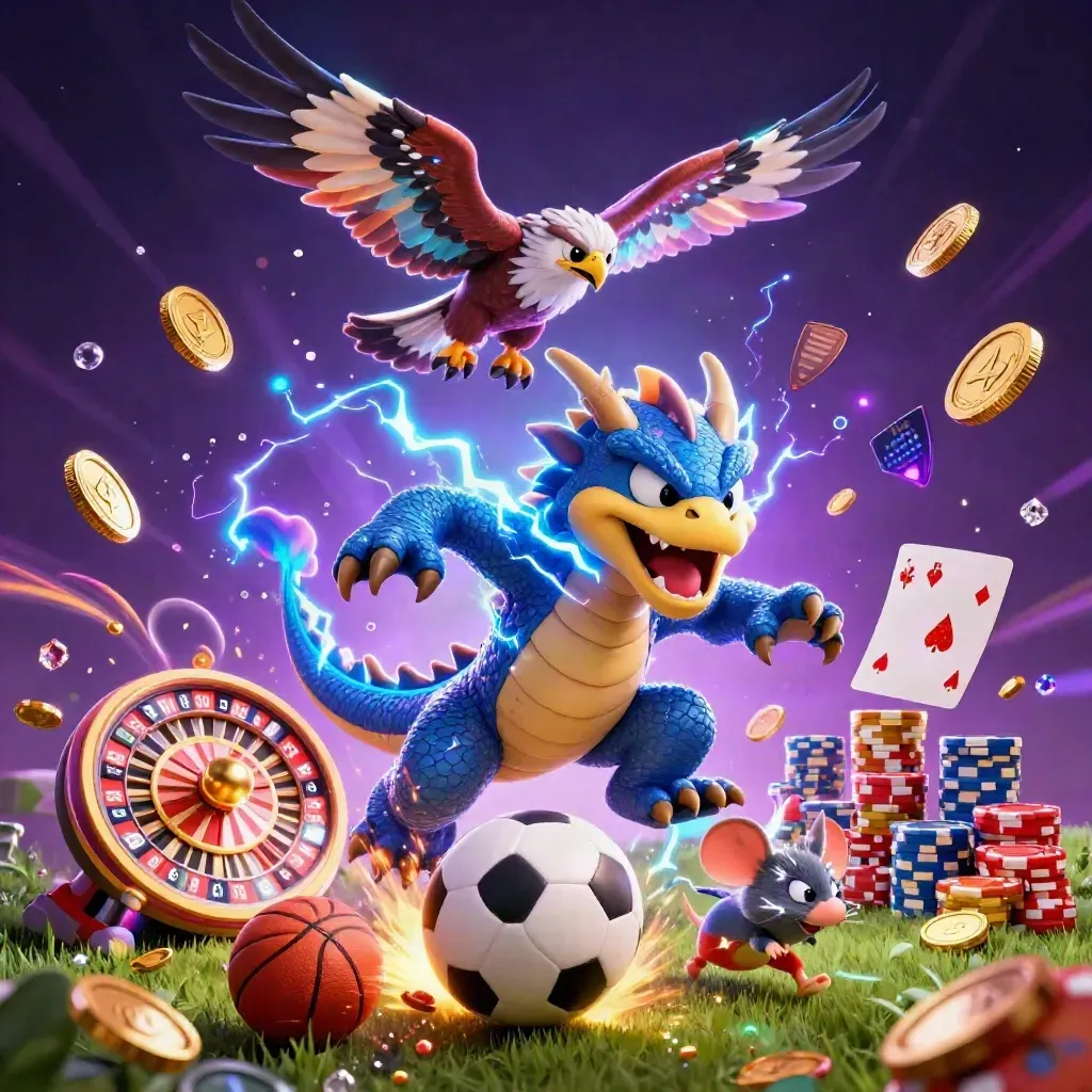 Thunderdrache, Windfalke und Blitzmaus wirbeln mit Münzen, Ball und Casino-Glanz im Dunkel.