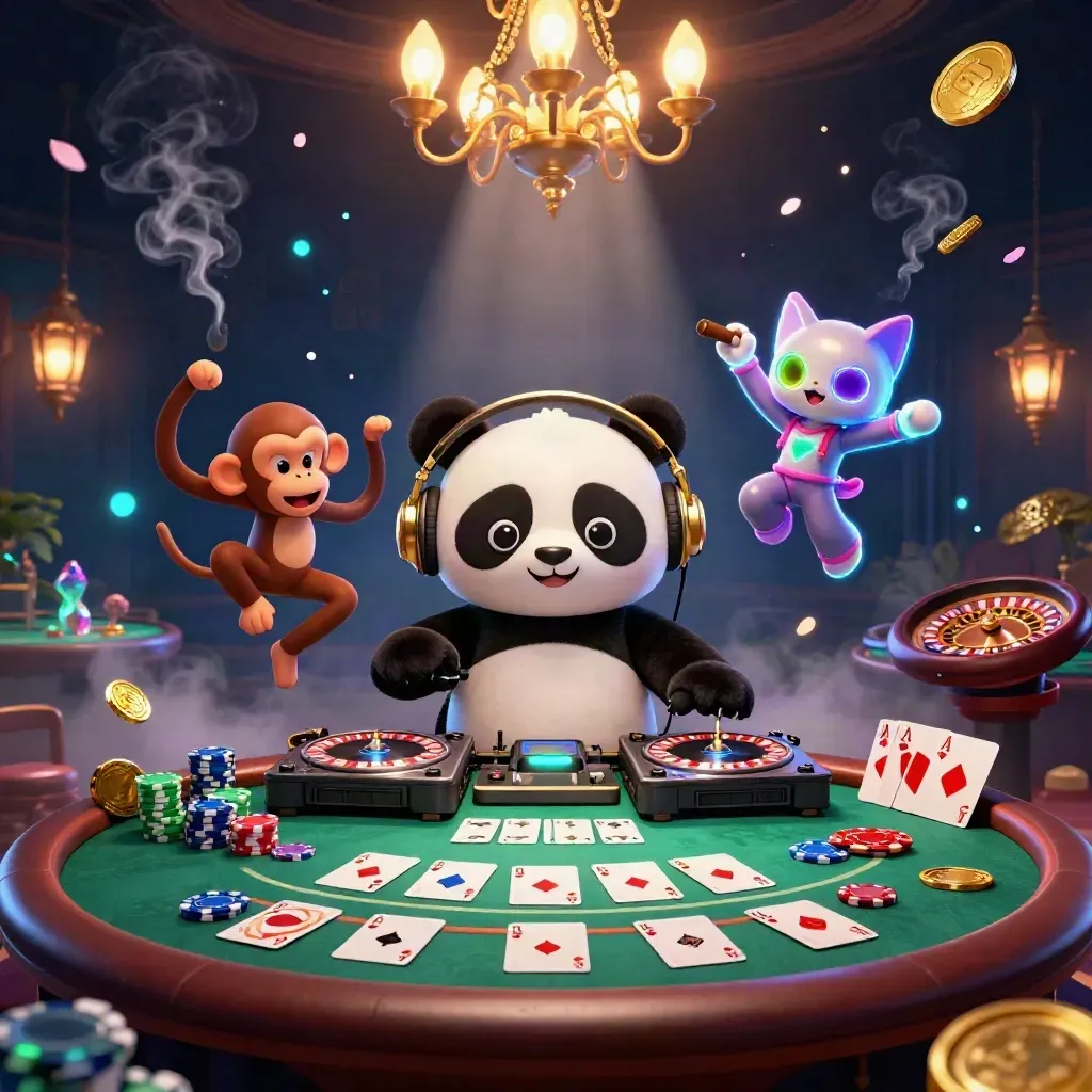 Panda-DJ, Affe und Glow-Stick-Katze im goldenen Casino mit Rauch, Karten, Chips und Licht.