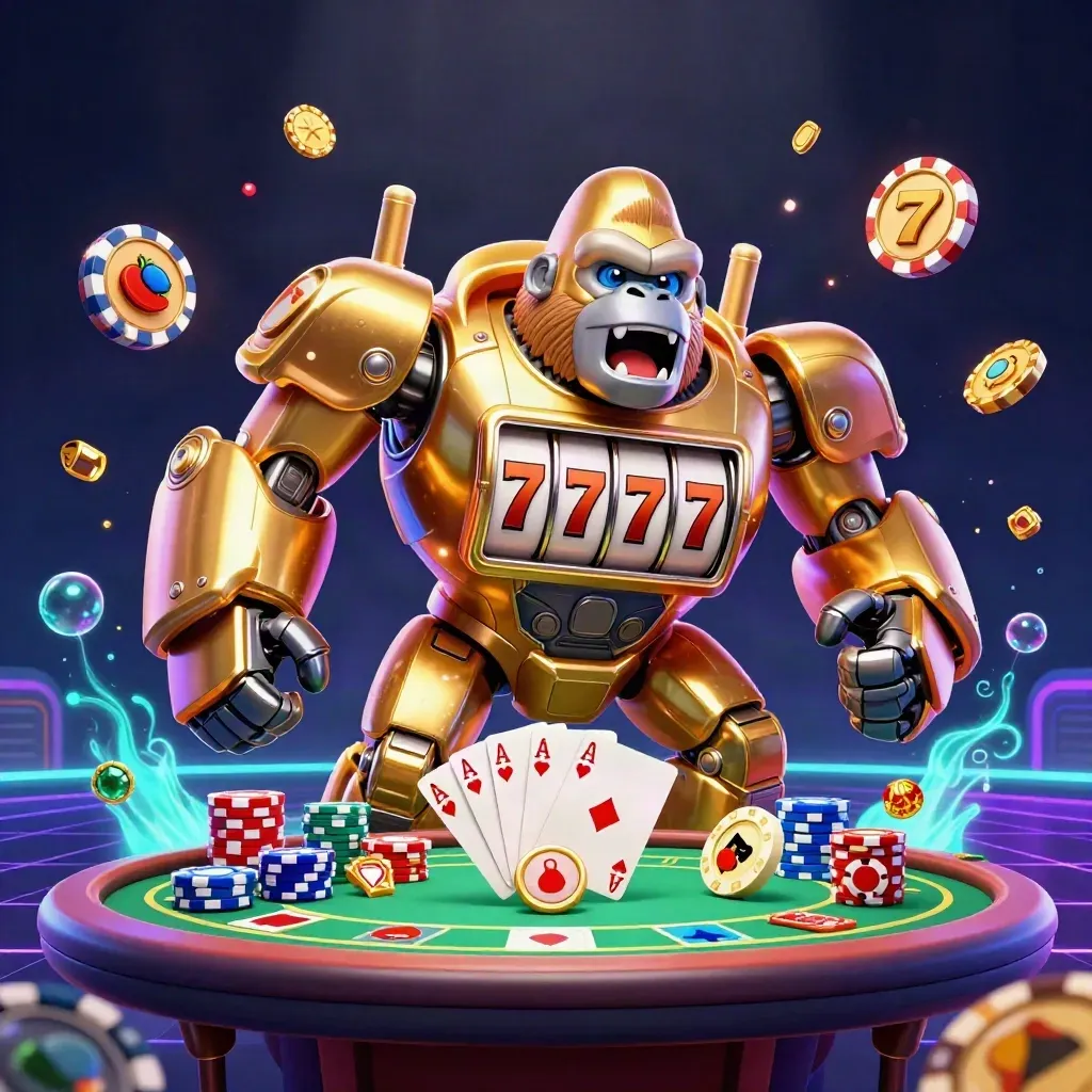 Goldener Gorilla-Mech mit Affenpilot, Pokerchips, Karten und Neon-Glühen im Casino-Stil.