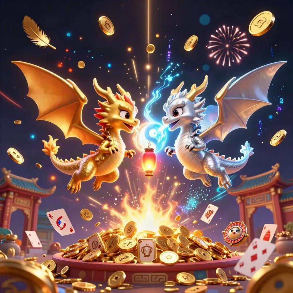 Goldener und silberner Drache vor Schatzregen, Funken und Tempelportal.
