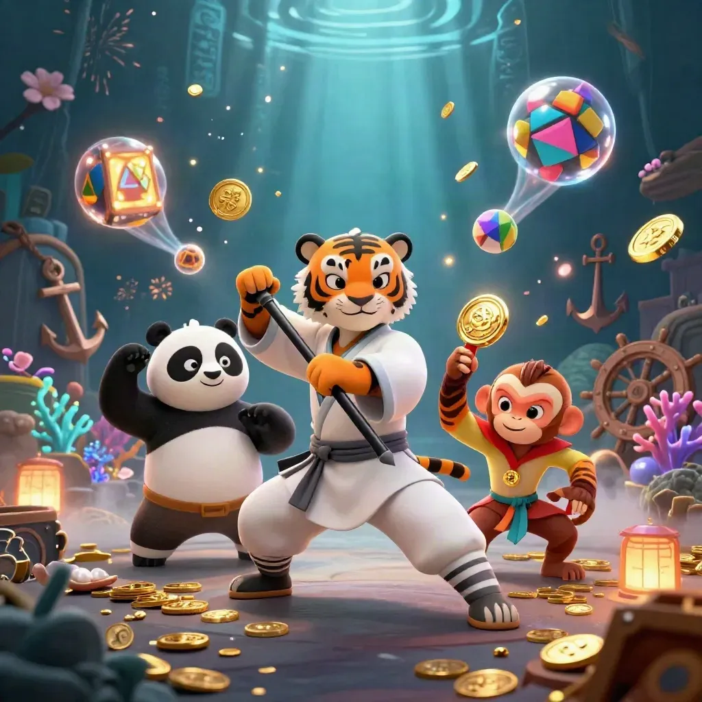 Tiger, Panda und Affe feiern in einer Unterwasser-Schatzhöhle mit Gold, Münzen und Licht.