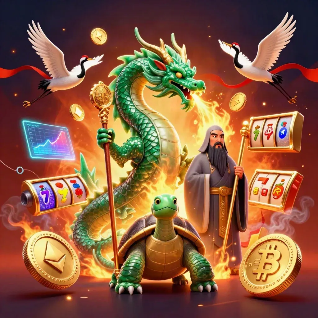 Jade-Drache mit Schildkröte und Kranichen, umgeben von Münzen, Blitzen und Flammen.