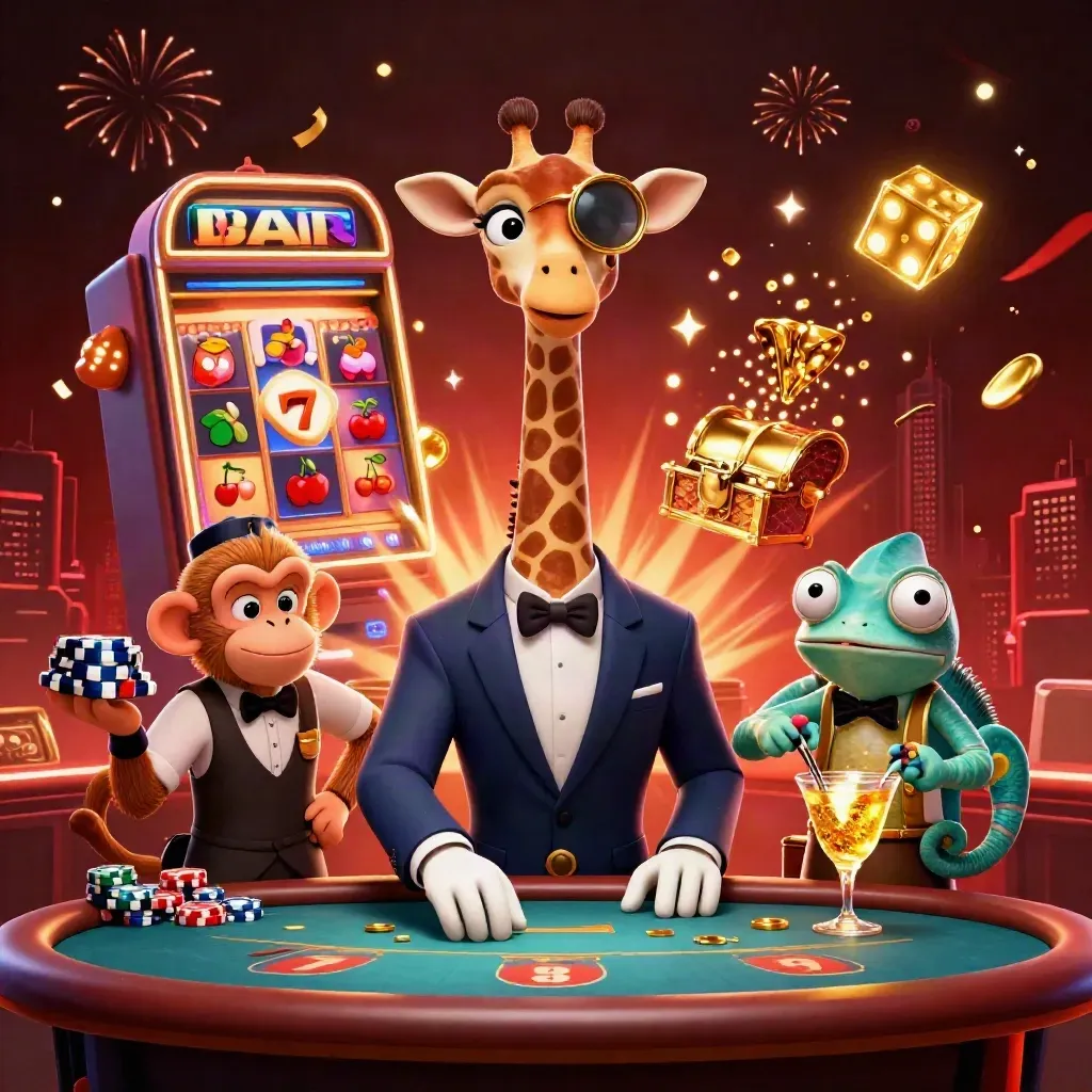 Goldene Casino-Giraffe mit Affe und Chamäleon vor Slotmaschinen im dunklen Luxusglanz